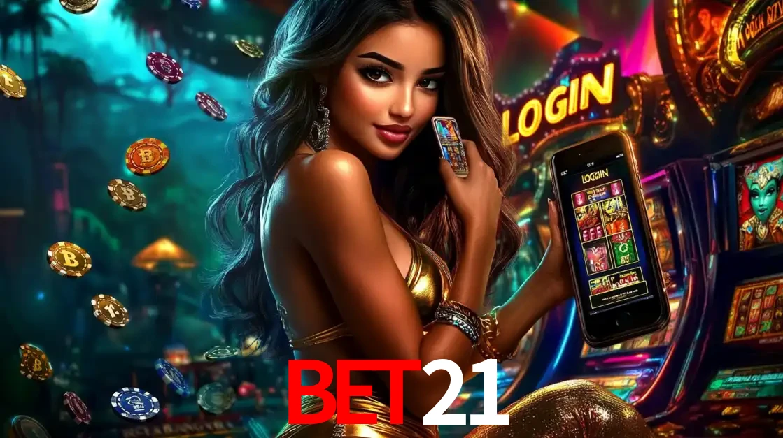 Mulher em um cenário de cassino temático de aventura, mostrando o app de caça-níqueis da bet21 no celular. Fichas de apostas flutuam ao redor.