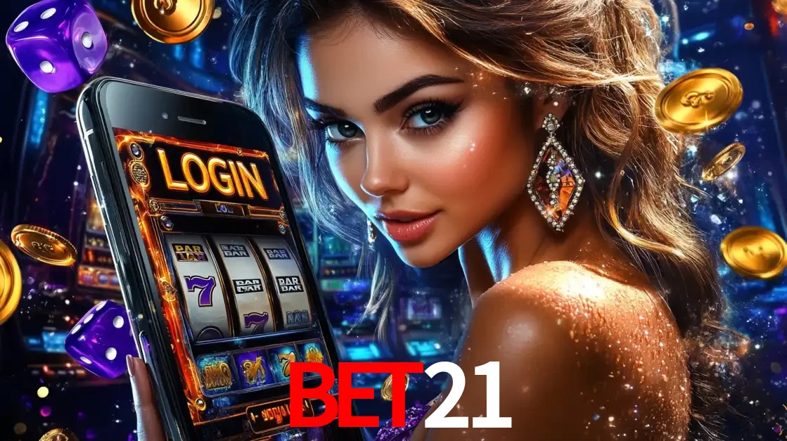 Mulher glamorosa segurando um smartphone com a tela de login para os jogos de caça-níqueis do cassino online bet21, com moedas de ouro e dados ao redor.