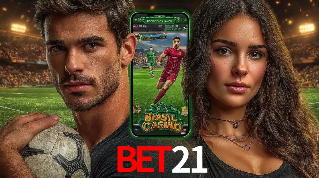 Homem segurando uma bola de futebol e uma mulher ao lado de um smartphone exibindo o jogo de apostas esportivas da bet21. Faça seu palpite no cassino online.